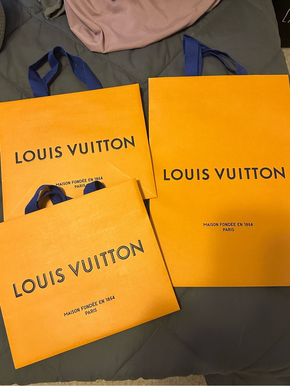 Louis Vuitton Orange Shopping Bag Trio with Blue Handles